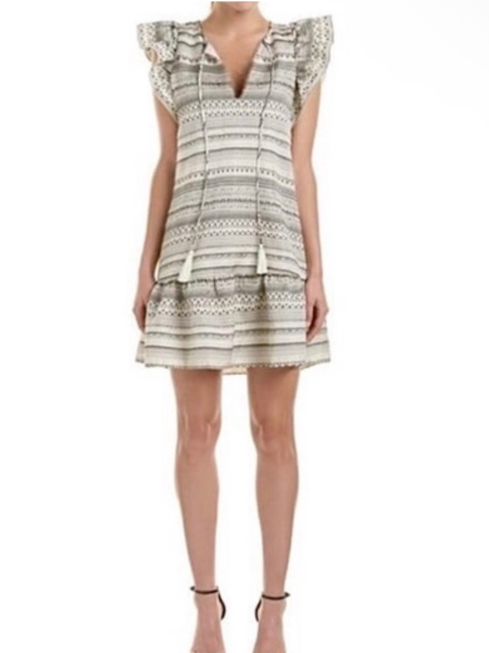 Parker Mini Ruffle Dress Tassel Tie Textured Metallic XS